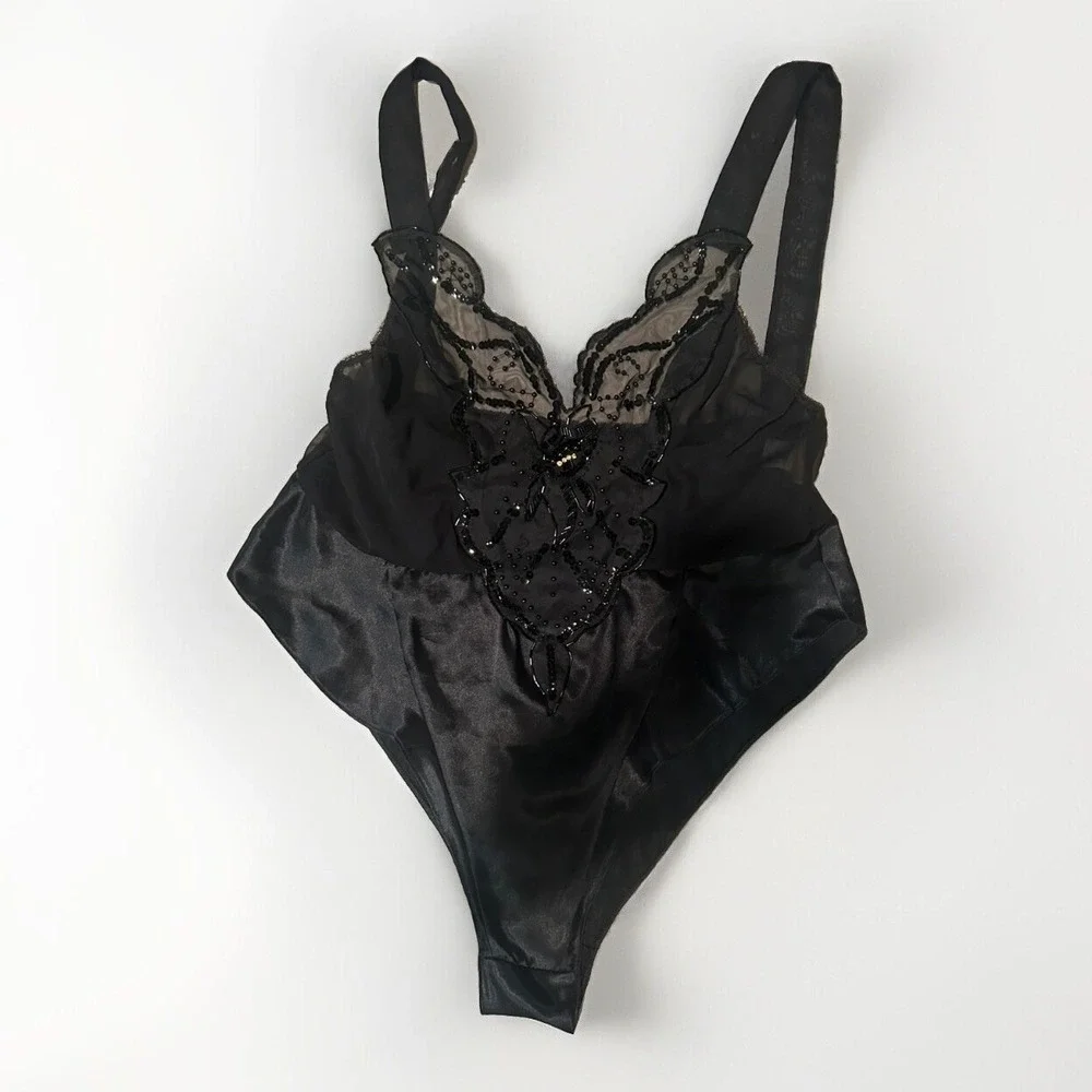 Vintage 80s Mara Black Sheer Satin Beaded‎ Teddy High Cut L Sequin Lingerie